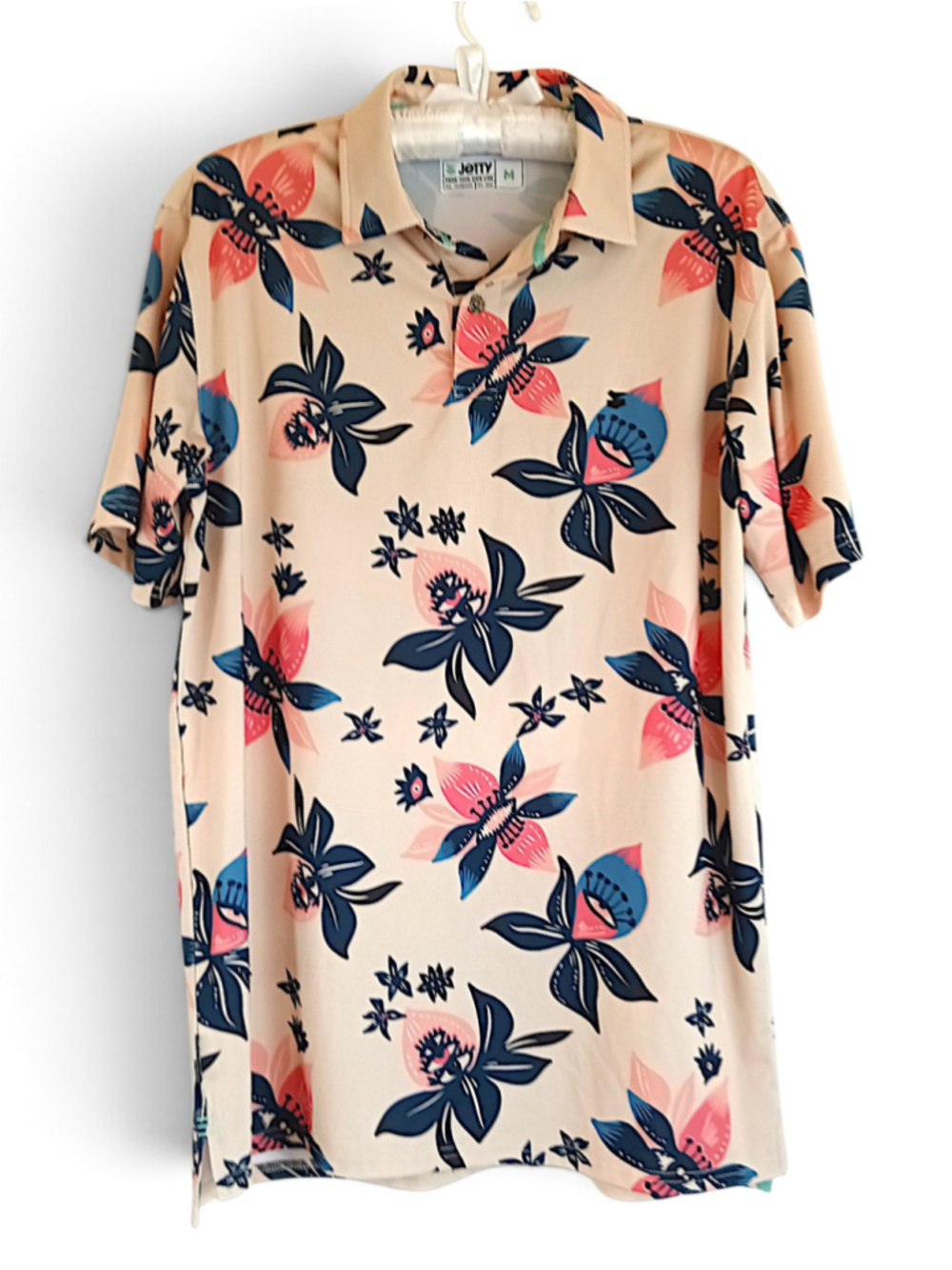 Jetty Bunker Polo Shirt Size M Beige Blue Floral Print UPF 50 wicking outdoors M